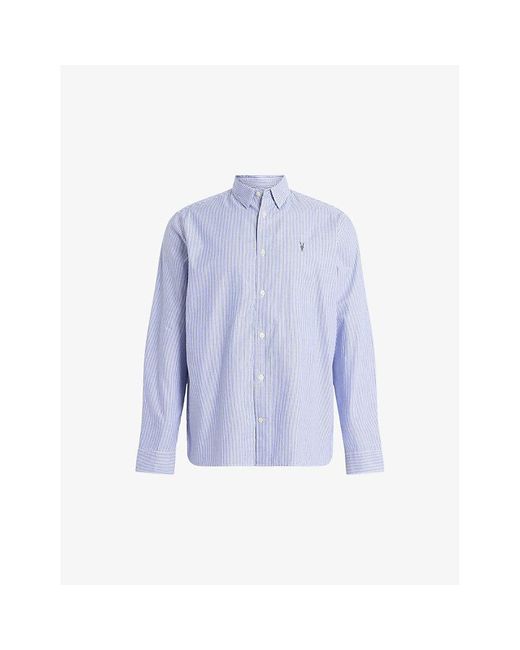 AllSaints Blue Hillview Logo-embroidered Relaxed-fit Organic-cotton Shirt for men