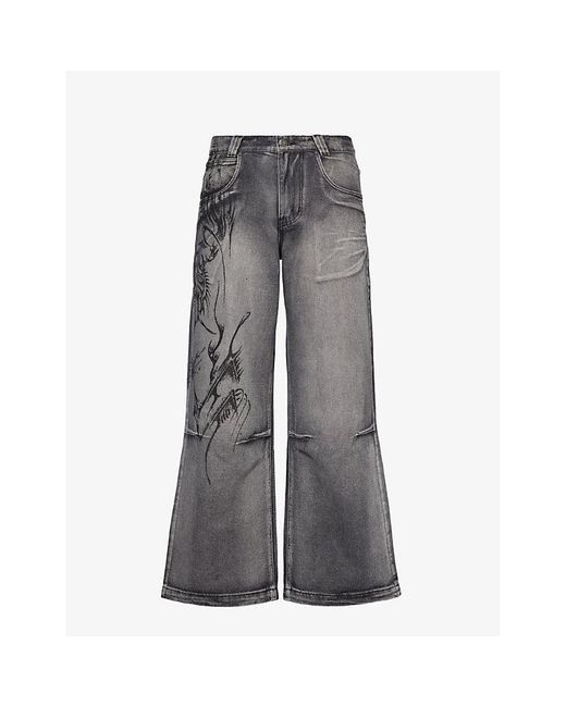 Jaded London Gray Colossus Abstract-print Wide-leg Denim-blend Jeans for men