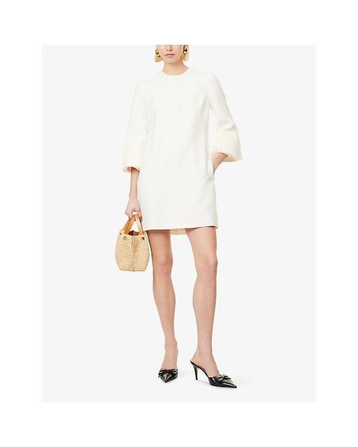 Valentino Natural Pleated-Sleeve Wool And Silk-Blend Mini Dress