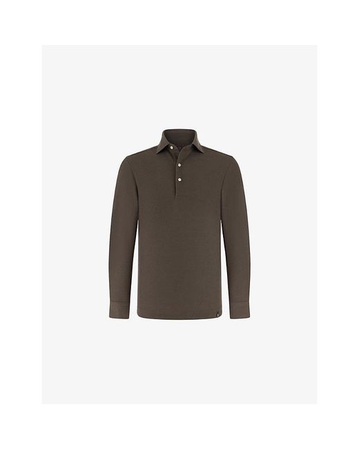 Boggi Brown Long-Sleeved Cotton-Blend Polo Shirt for men