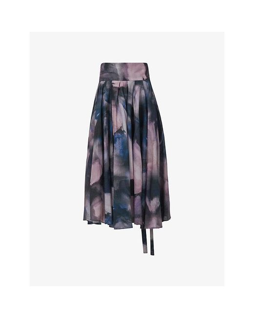 eem Blue Printed Pleated Circular Cotton Midi Skirt