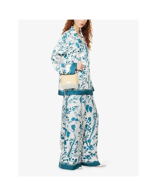 Erdem Blue Botanical-Print Wide-Leg Silk-Twill Pyjama Trousers