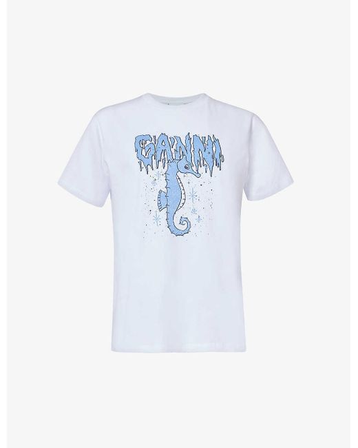 Ganni Blue Seahorse Graphic-pattern Organic-cotton T-shirt X