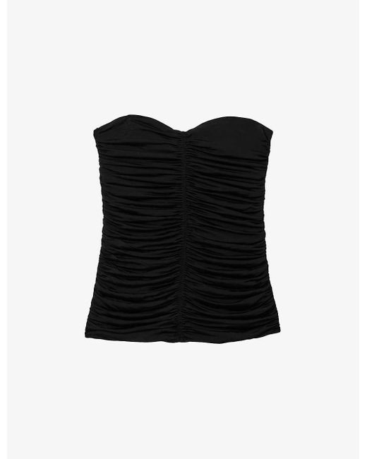 Reiss Black Marina Ruched-front Strapless Stretch-woven Top