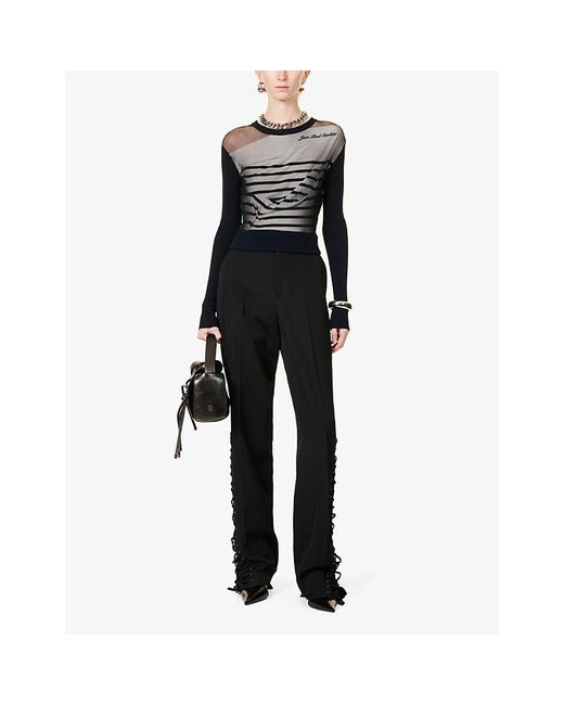 Jean Paul Gaultier Vy White Black Boat-neck Striped Sheer Woven Top