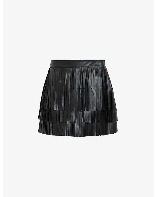 AllSaints Black Aisha Fringed Leather Mini Skirt