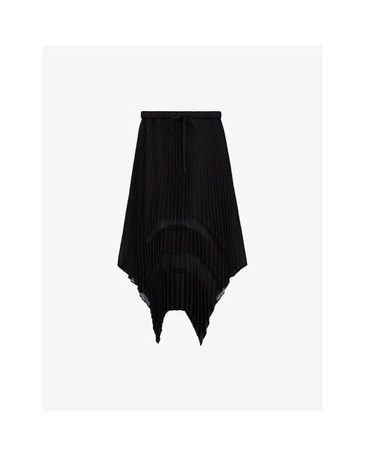 The Kooples Black Sheer-Panel Asymmetric-Hem Woven Midi Skirt