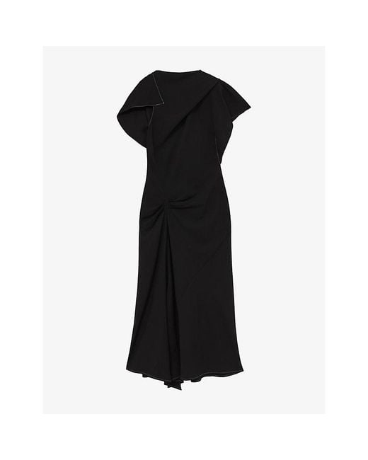 Reiss Black Saskia Asymmetric Draped Woven Midi Dress