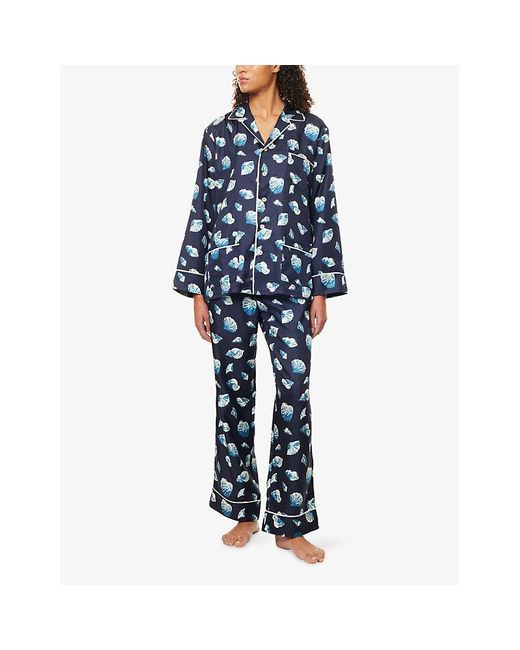 Olivia Von Halle Blue Yves Seashell Silk-Twill Pyjamas