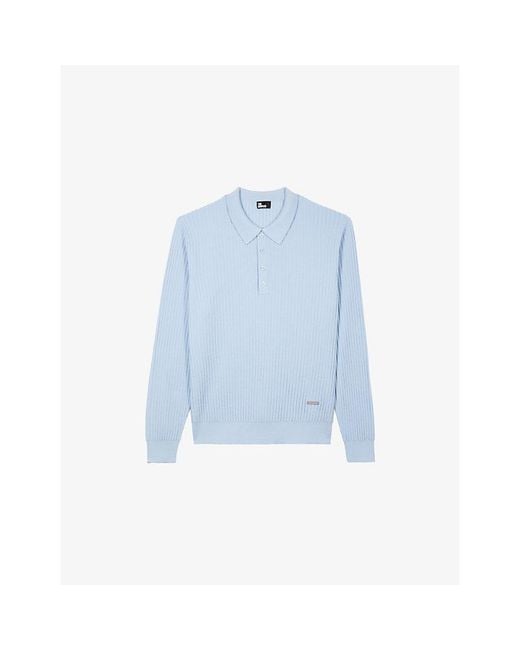The Kooples Blue Ribbed Logo-Plaque Stretch-Wool Blend Polo for men