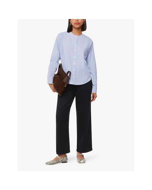 Whistles Blue Striped Grandad-Collar Cotton Shirt