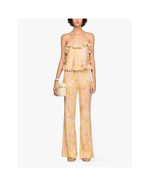 Sandro Natural Floaty Floral-Print Woven Trousers