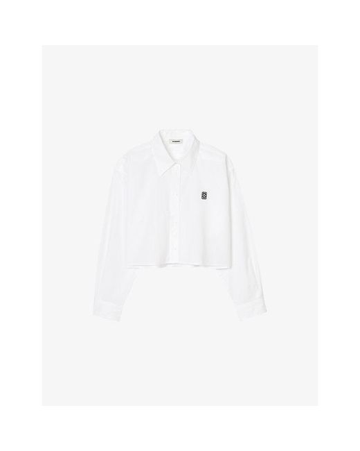 Sandro White Logo-Embroidered Cropped Cotton Shirt