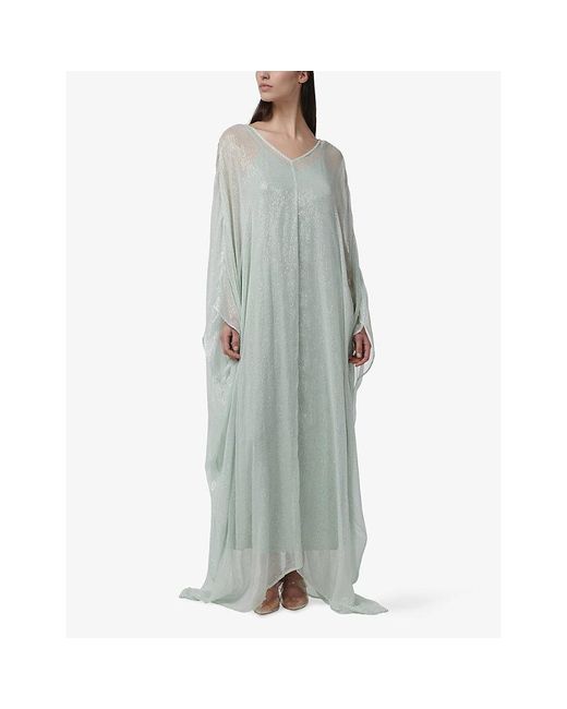 eem Gray Striped V-Neck Metallic-Woven Kaftan