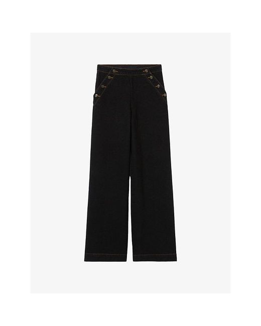 Claudie Pierlot Black Contrast-Stitch Wide-Leg High-Rise Jeans