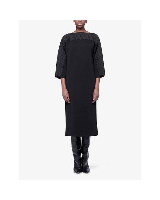 eem Black Quilted Embroidered Wool-Blend Midi Dress