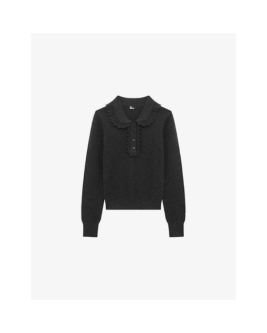 The Kooples Black Scalloped-Collar Regular-Fit Wool And Cotton-Blend Jumper