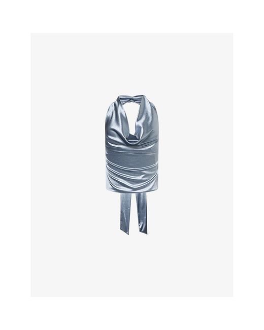Amy Lynn Blue Cowl Halter-Neck Tie Woven Top