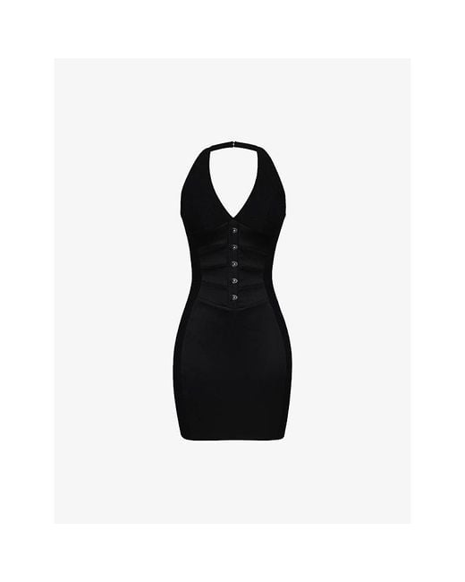 House Of Cb Black Lia Panelled Halter-Neck Duchess-Satin Mini Dress