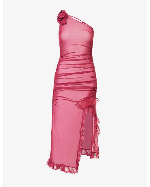 House Of Sunny Pink Dolce Vita Ruffled Asymmetric Slim-fit Stretch-recycled Polyester Midi Dress