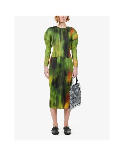 Pleats Please Issey Miyake Green Turnip And Abstract-pattern Knitted Jacket