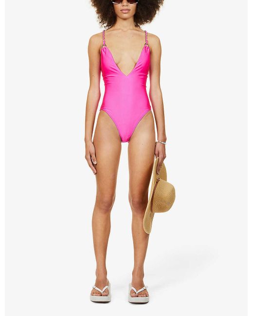 Ted Baker Womens Brt-pink Plunge V-neck Swimsuit 10 | Lyst