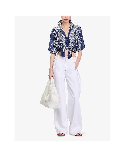 Sandro Blue Bandana-Print Relaxed-Fit Satin Shirt