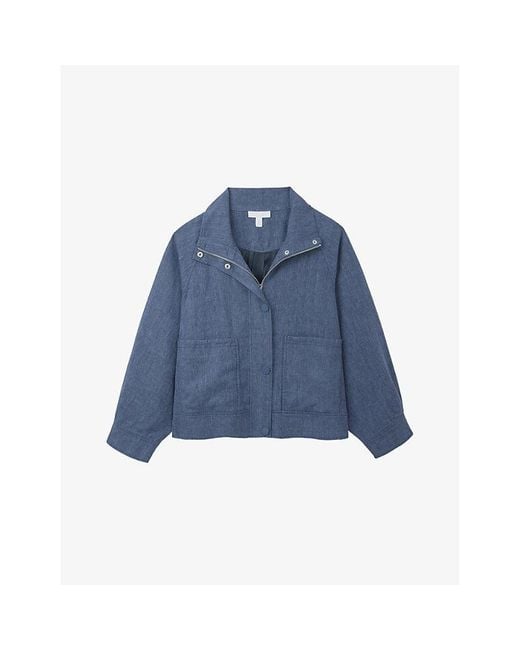 The White Company Blue High-Collar Patch-Pocket Cropped Linen Jacket
