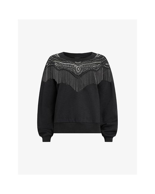 AllSaints Black Winona Jaine Chain-embellished Relaxed-fit Organic-cotton Sweatshirt
