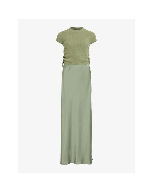 AllSaints Green Hayes Knitted-top Satin Maxi Dress