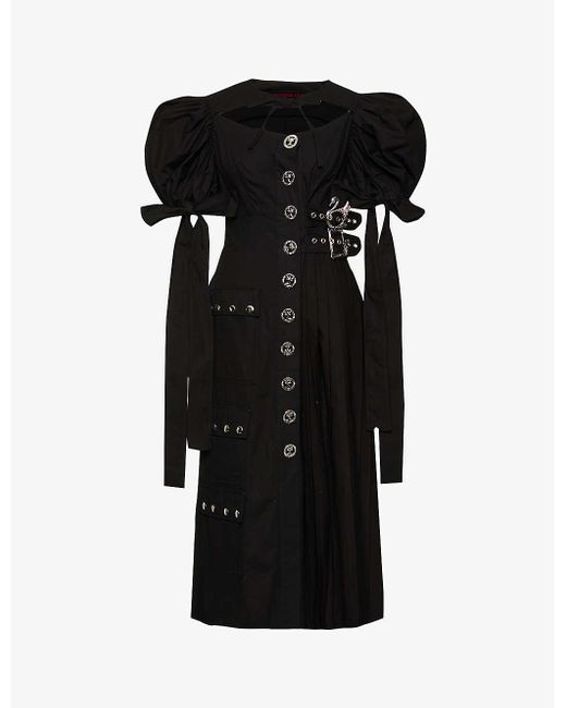 Chopova Lowena Black Islander Puff-sleeve Organic-cotton Midi Dress