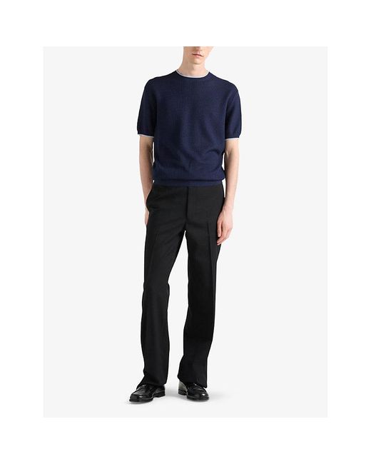Prada Blue Brand-Appliqué Short-Sleeve Silk And Cotton-Blend Knitted Jumper for men