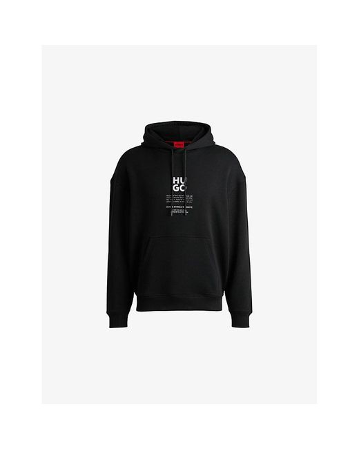 HUGO Black Flame Graphic-Print Oversized-Fit Cotton-Blend Hoody for men