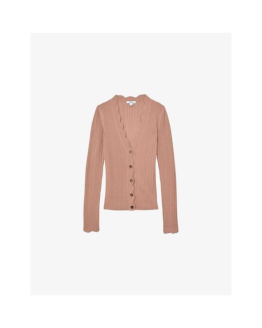 Reiss Pink Vinny Scallop-Trim Ribbed-Knit Cardigan