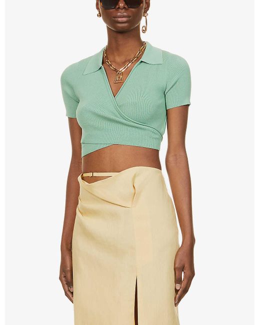 Jacquemus Green Le Polo Cache-coeur Cropped Knitted Top
