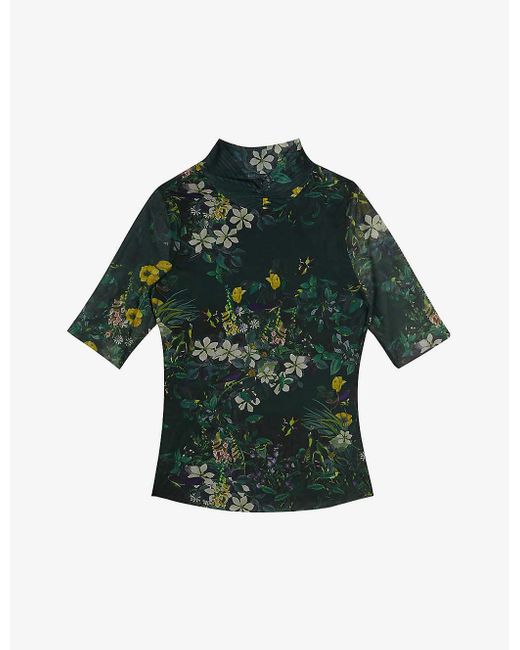 Ted Baker Green Gorgee Floral-print High-neck Stretch-recycled Polyester Top