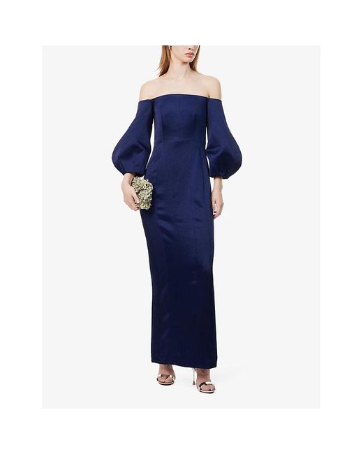 Galvan Blue Ponza Off-the-shoulder Puff-sleeve Woven Midi Dress