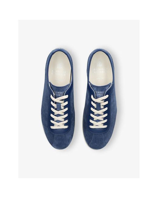 Brunello Cucinelli Blue Branded Suede Low-Top Trainers for men