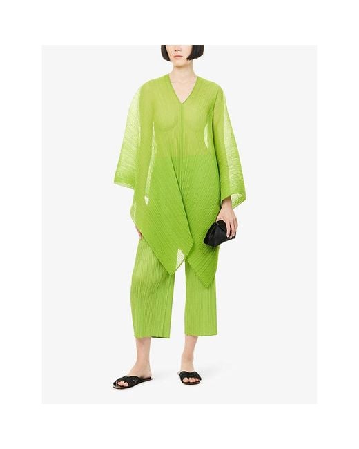 Pleats Please Issey Miyake Green Madame-T August V-Neck Knitted Top