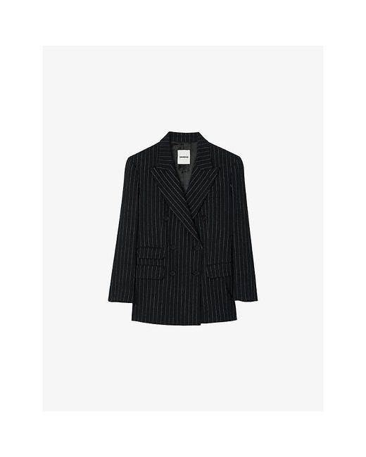 Sandro Black Stripe Double-Breasted Woven Blazer