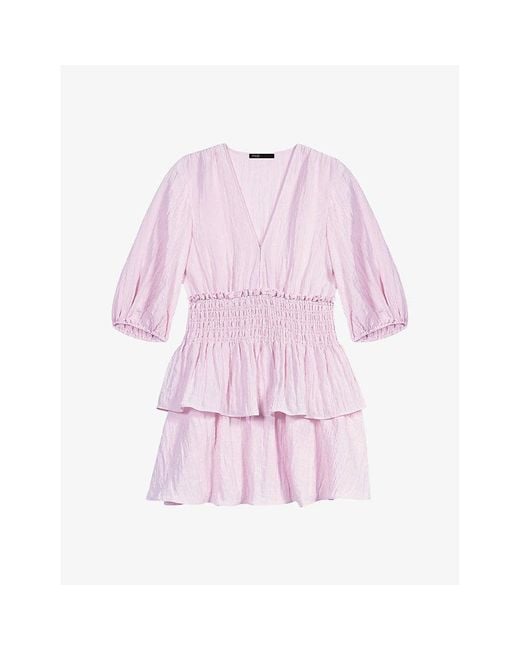Maje Pink Shirred-waist V-neck Woven Mini Dress