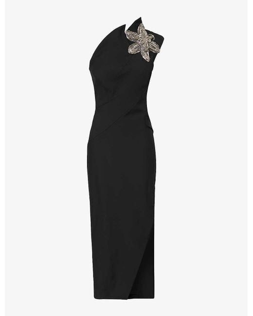 Alexander McQueen Black Orchid-embellished Asymmetric Wool Midi Dress