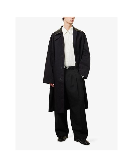 Studio Nicholson Black Revere Leather-Collar Cotton-Blend Trench Coat for men