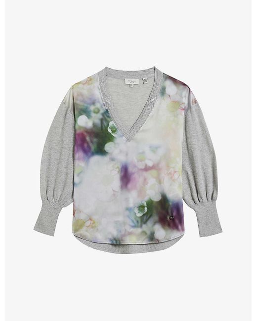 Ted Baker Beatric Floralprint Woven Jumper in Gray Lyst
