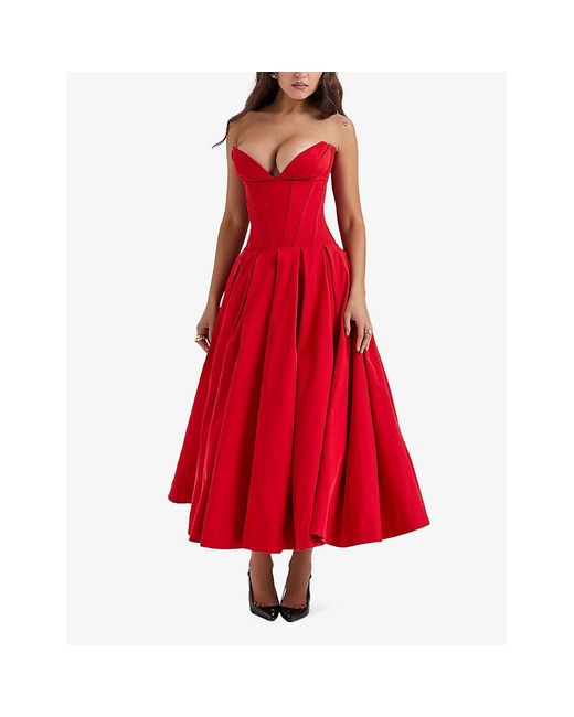House Of Cb Red Lady Plunge-Neck Stretch-Cotton Midi Dress