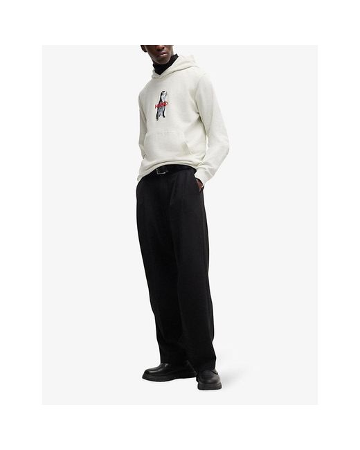 HUGO White Animal-Graphic Regular-Fit Cotton-Jersey Hoody for men
