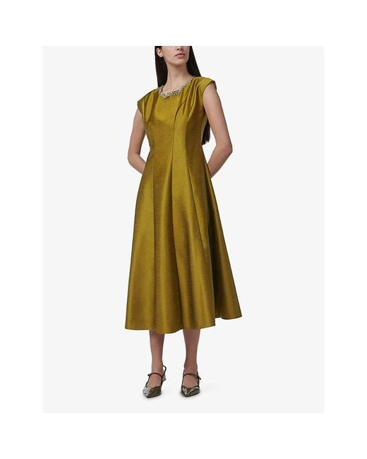 eem Green Crystal-Embellished Flared Satin Midi Dress