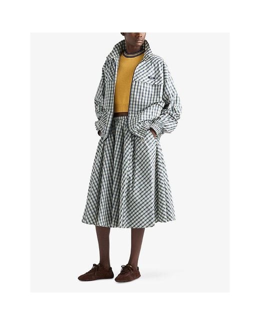 Prada Gray Checked Flared Chambray Midi Skirt
