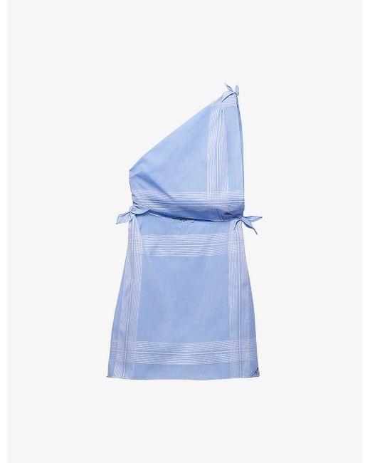 Prada Blue One-shoulder Checked Cotton Mini Dress