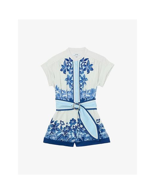 Reiss Blue Soya Floral Cotton Playsuit